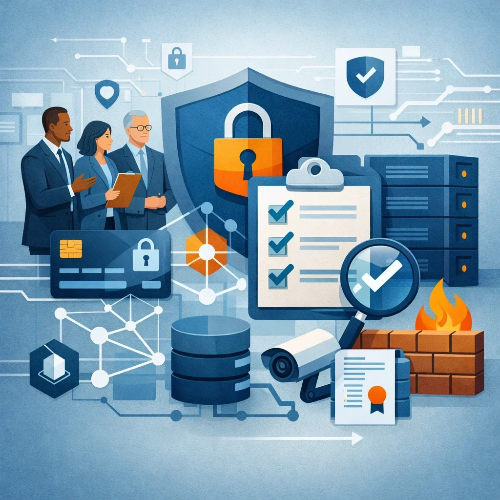 Digital illustration of consultants reviewing layered cybersecurity controls with shield, lock, checklist, and network infrastructure representing PCI DSS compliance services.