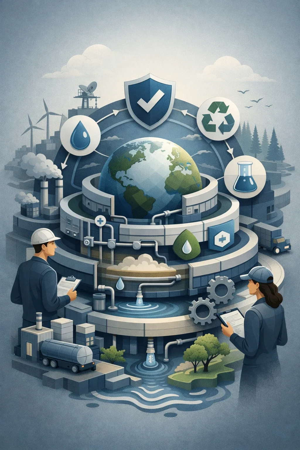 Layered environmental compliance system with globe, industrial and natural elements, and structured controls showing monitoring, protection, and process flow