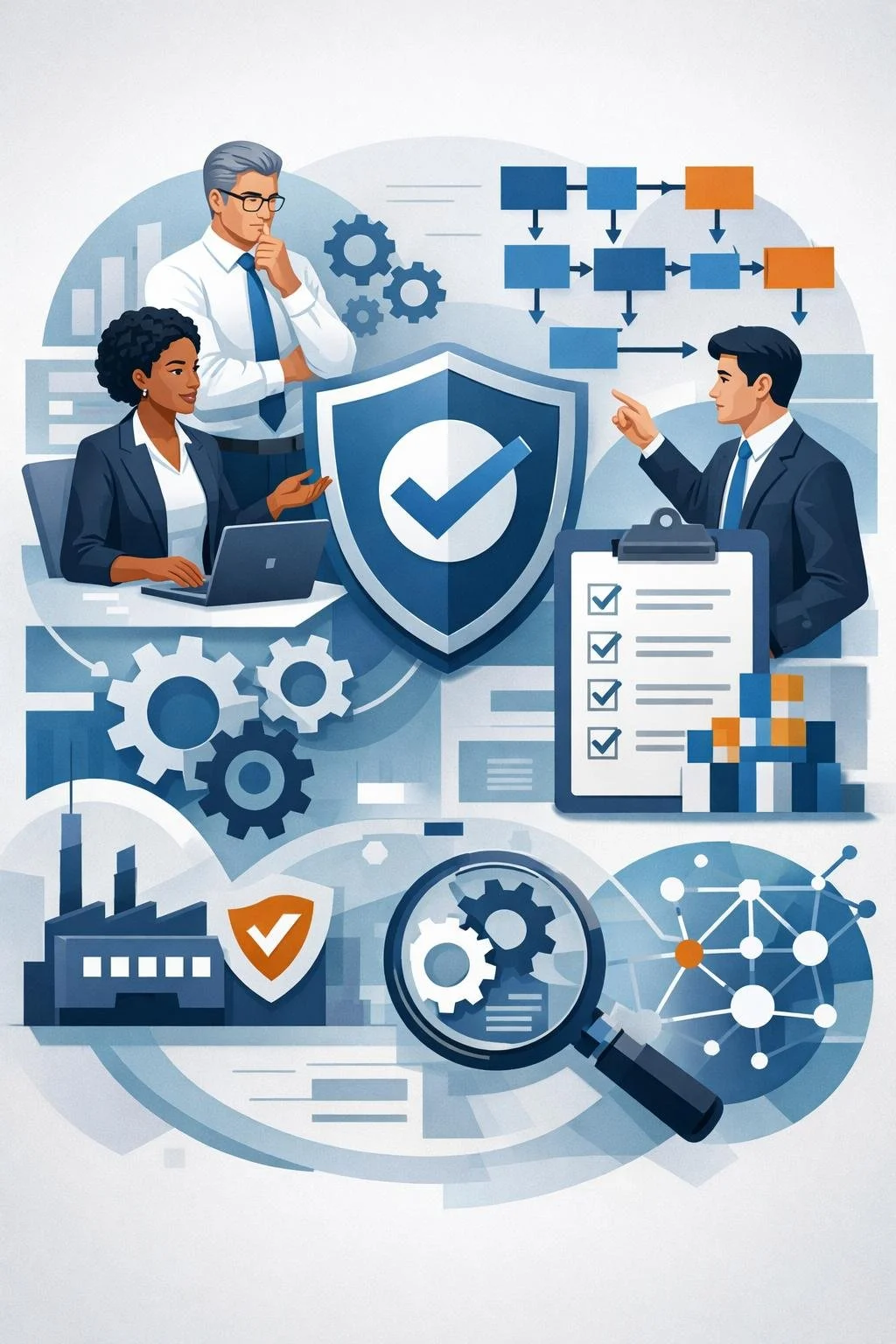 Digital illustration of professionals reviewing structured workflows, shield validation symbol, and process diagrams representing ISO 9001 quality management software systems.