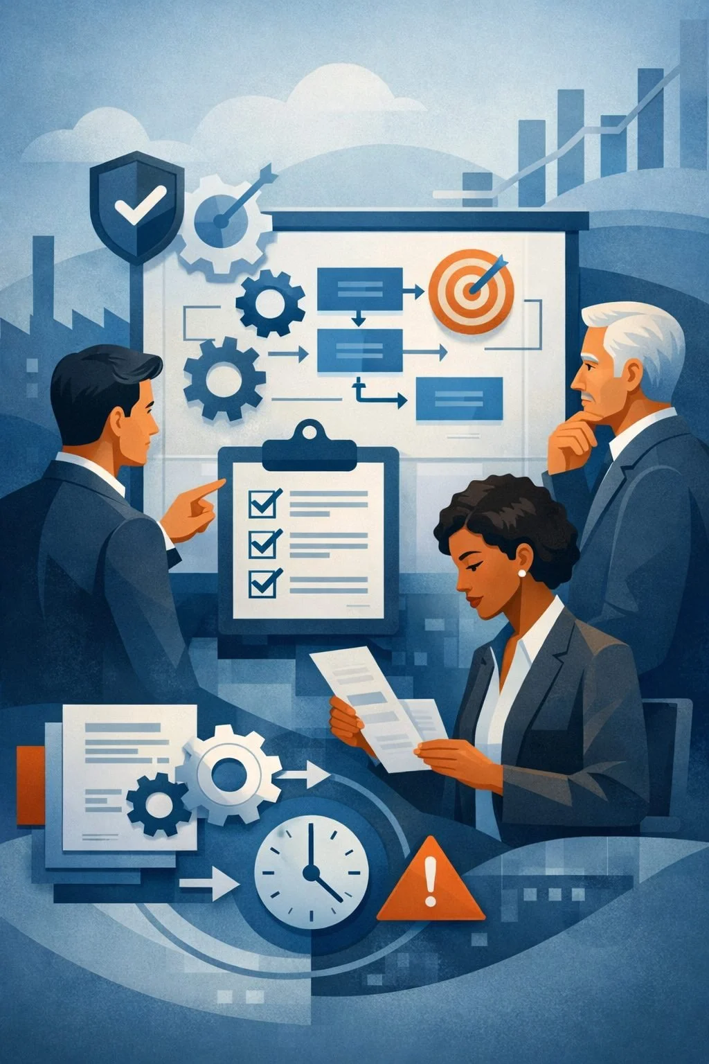 Digital illustration of professionals planning risk controls, objectives, and process flows representing ISO 9001 Clause 6 planning requirements.