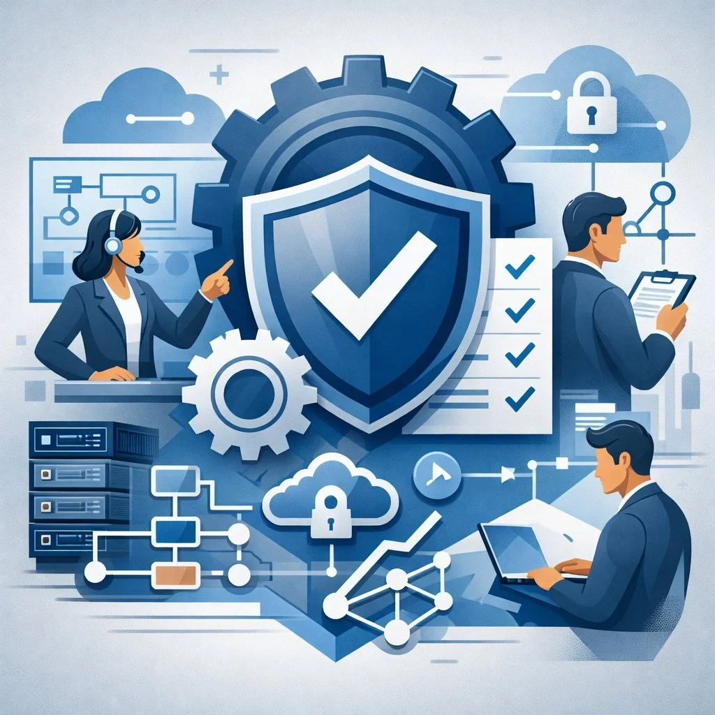 Digital illustration of IT service management governance with shield, gears, cloud networks, and professionals collaborating, symbolizing ITSM certification support and structured service management systems.