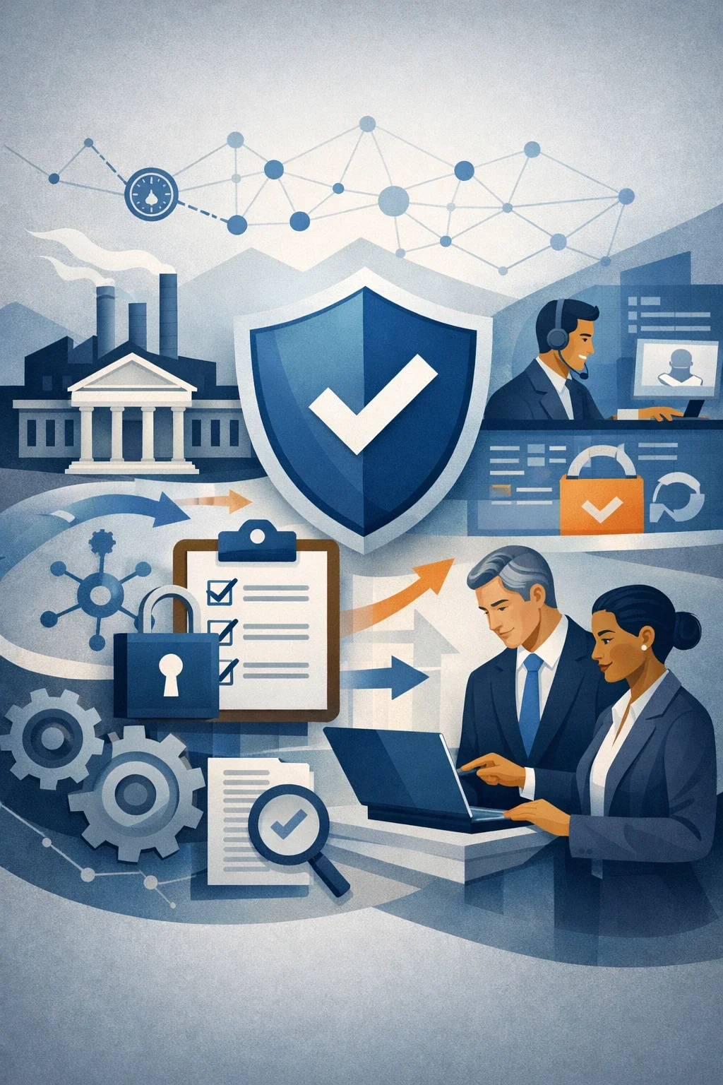 Digital illustration of cybersecurity controls protecting Federal Contract Information (FCI), featuring a shield, lock, compliance checklist, and professionals reviewing secure systems.