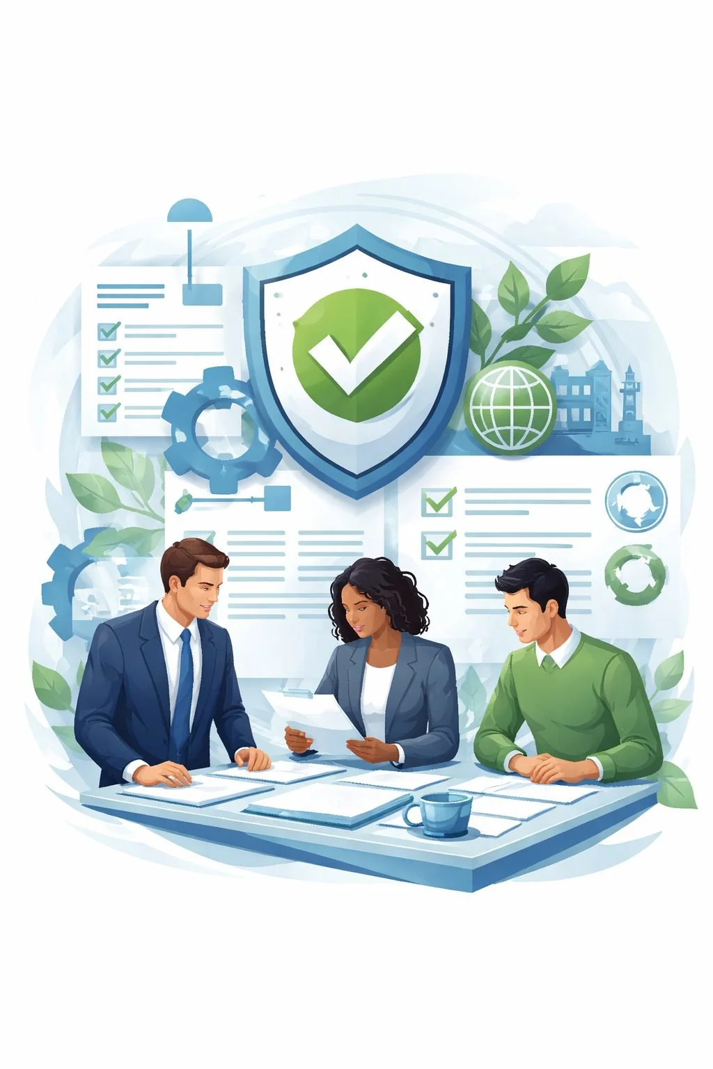 Digital illustration of a shield with checkmark, environmental symbols, and professionals reviewing system documents representing the ISO 14001 certification process and environmental management systems.