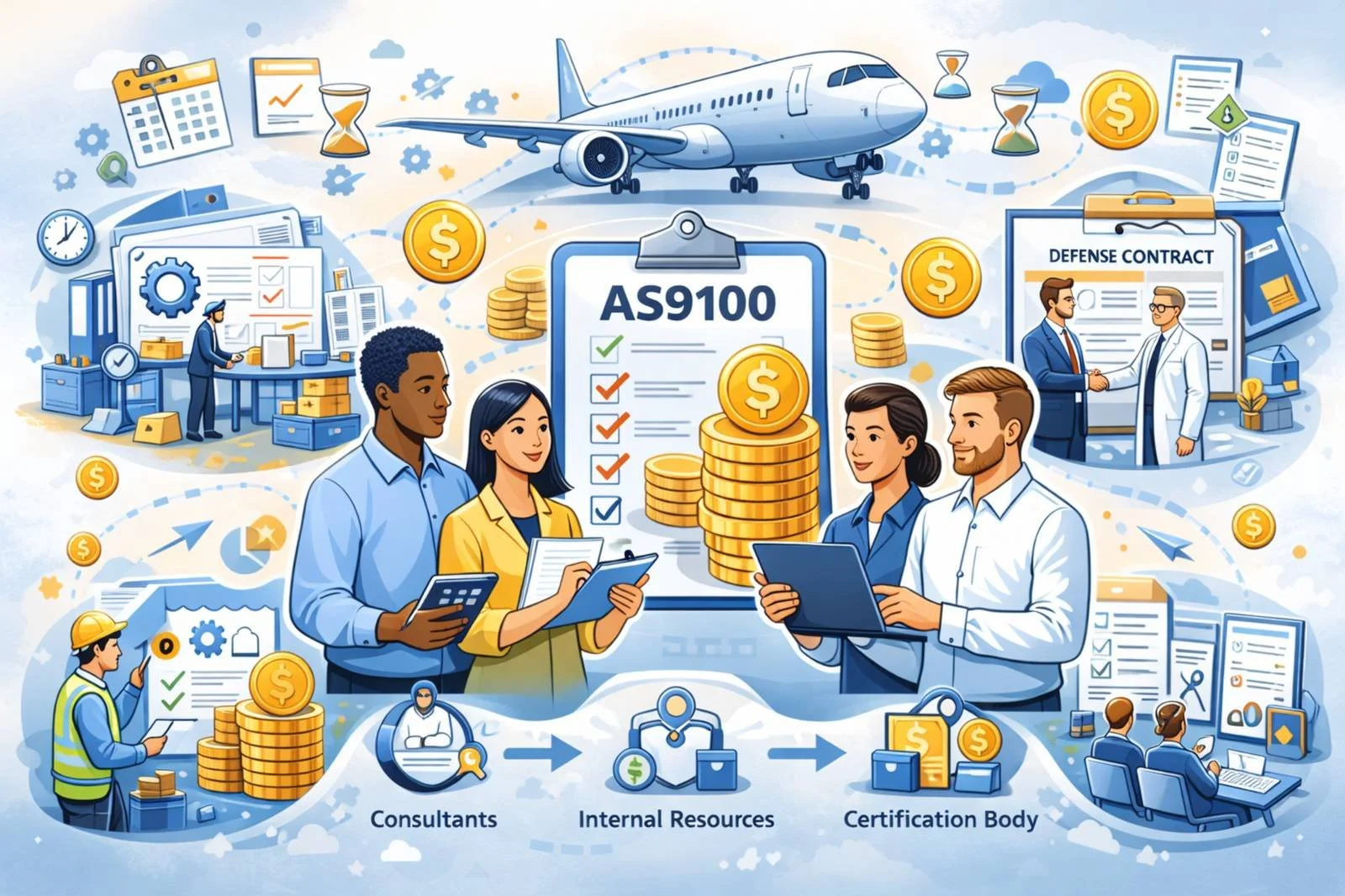 Cartoon illustration of aerospace professionals reviewing an AS9100 checklist with stacked coins, aircraft, defense contract, and certification process icons representing AS9100 certification cost and consulting services.