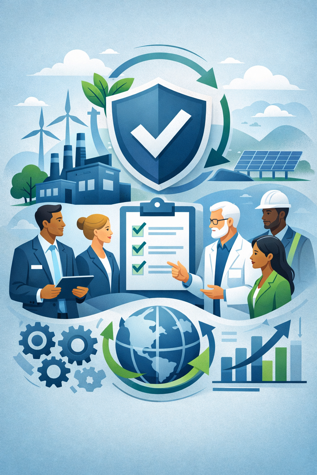 Digital illustration of environmental management systems with shield validation symbol, industrial facility, renewable energy, and consulting professionals representing ISO 14001 certified operations.
