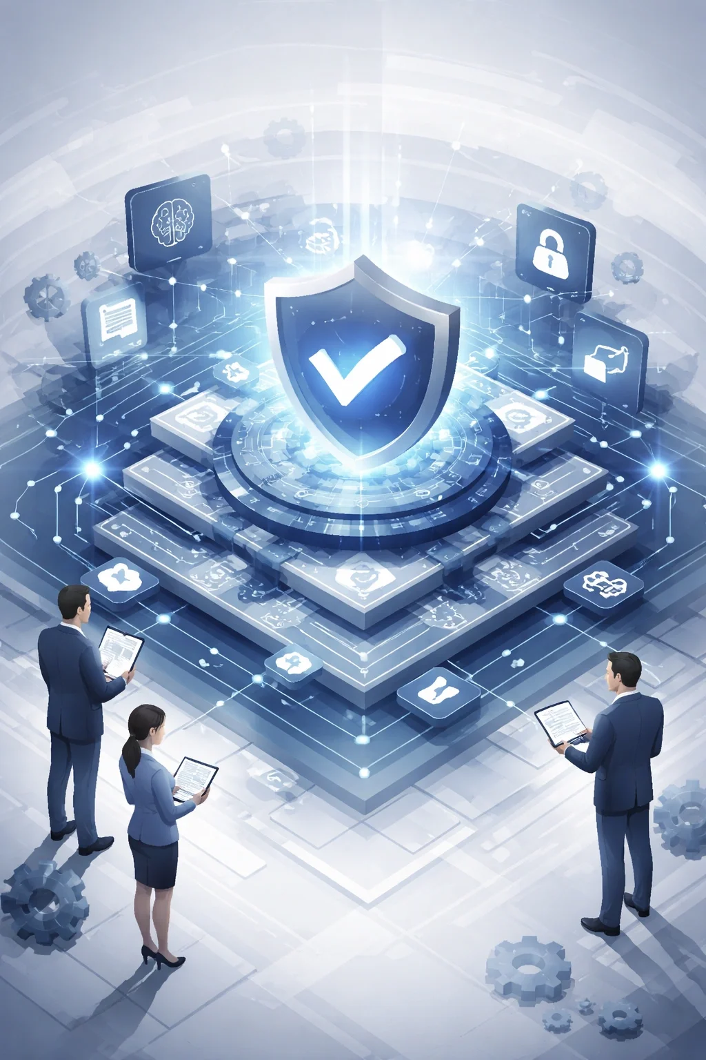 Abstract AI governance audit system with layered controls, central validation shield, and structured network illustrating ISO 42001 audit oversight
