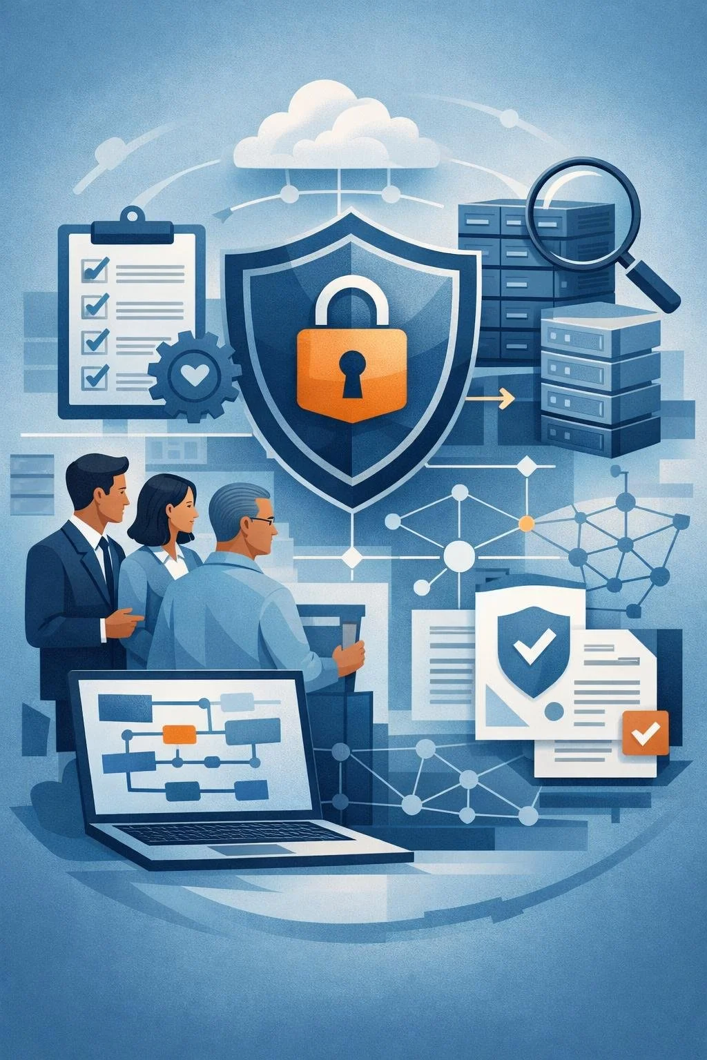 Digital illustration of a shield with lock, security checklist, and network systems representing an ISO 27001 compliance management system and information security governance.