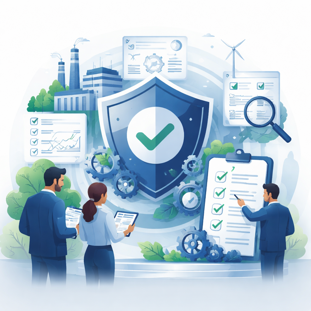 Digital illustration of a shield, gears, factory, and audit checklist representing an ISO 14001 certification body verifying environmental management systems.