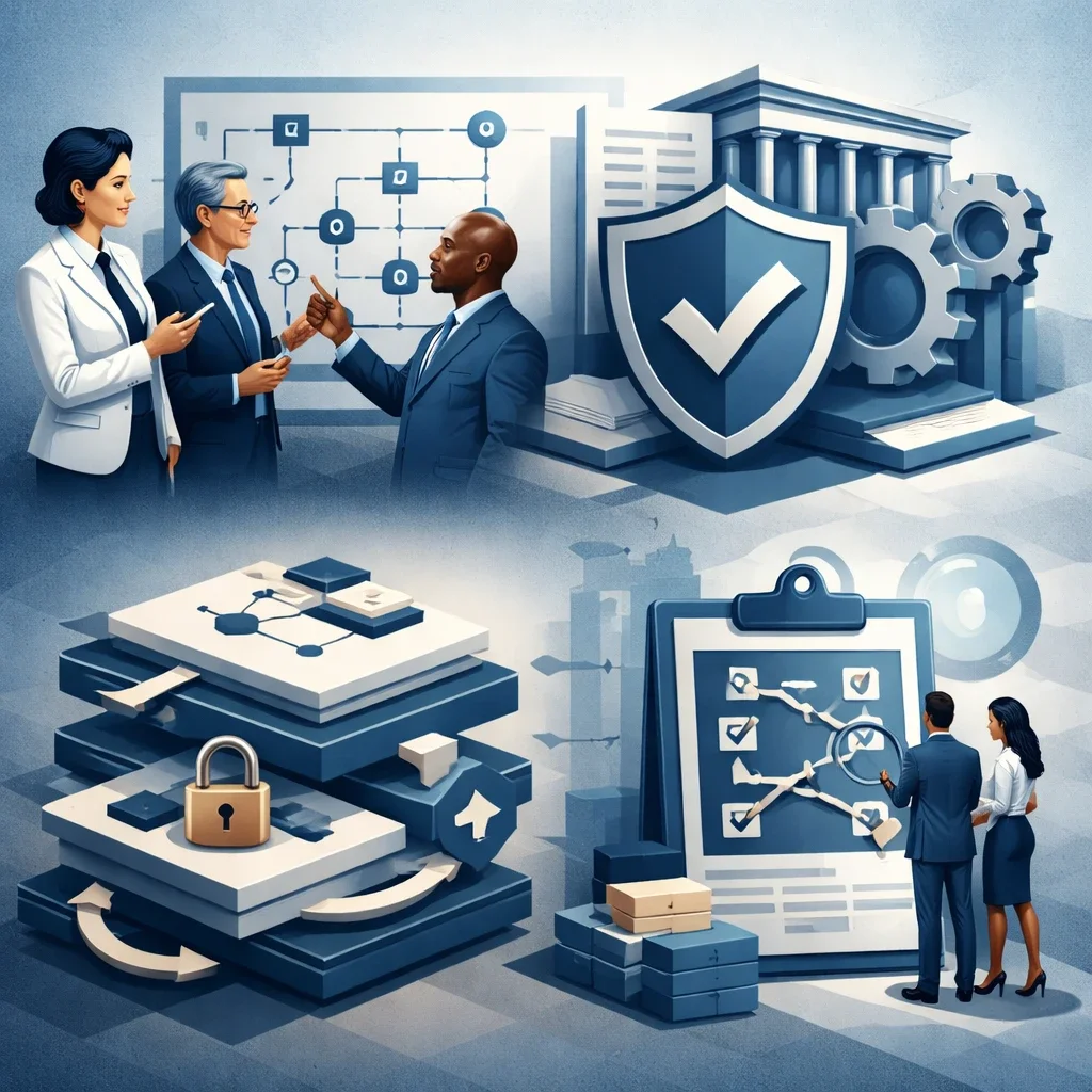 Digital illustration of consultants reviewing structured system diagrams with shield, gears, and layered controls representing ISO consulting services and management system implementation.