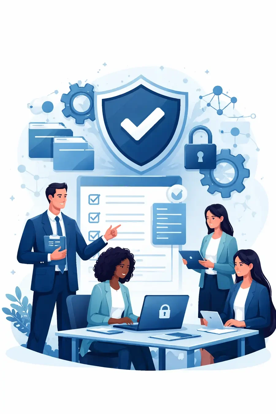 Diverse cybersecurity consulting team reviewing compliance controls with shield, lock, and layered security system icons representing CMMC compliance consulting and structured audit readiness.