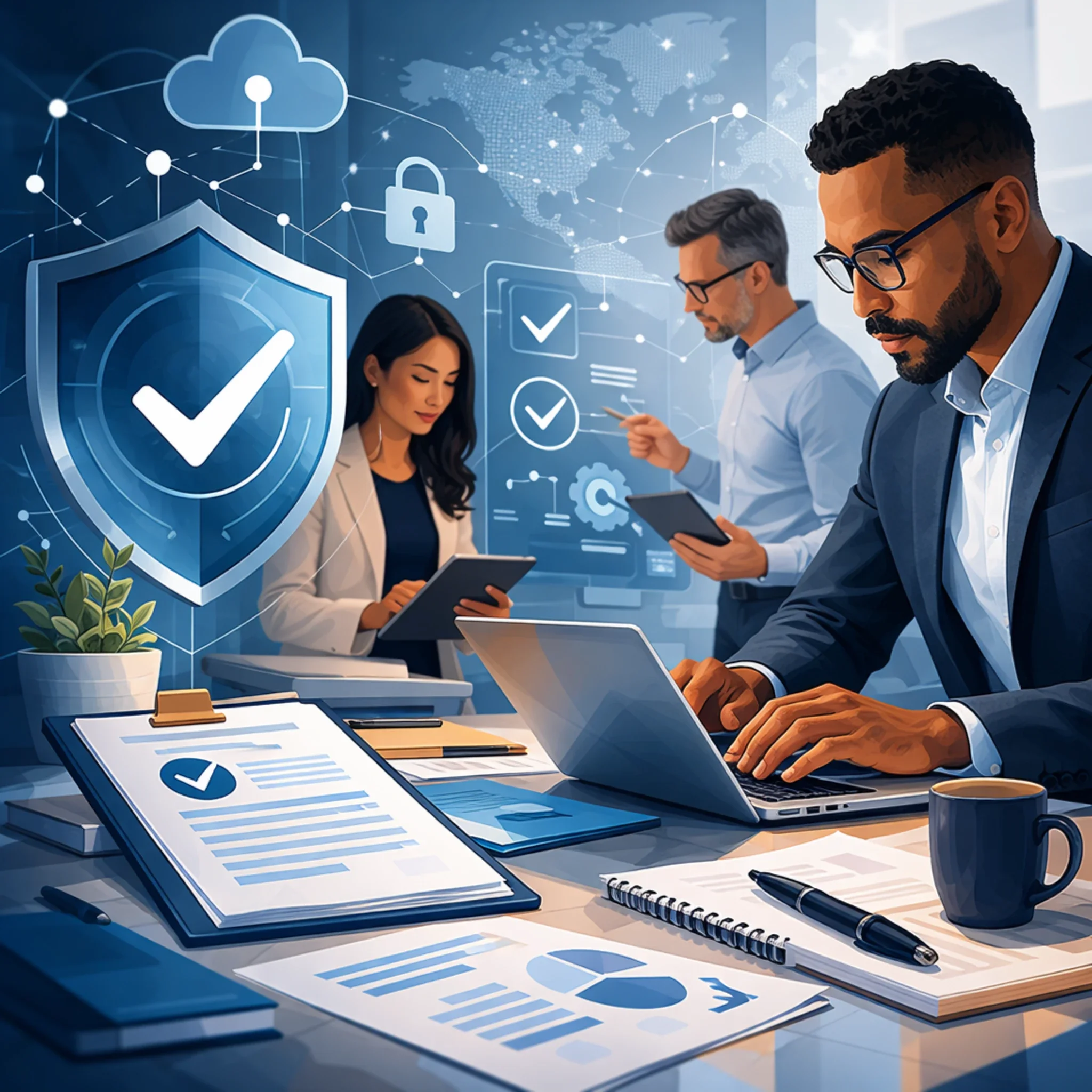 Digital illustration of cybersecurity professionals reviewing controls with shield, checklist, and network graphics representing SOC 2 audit services and security compliance verification.