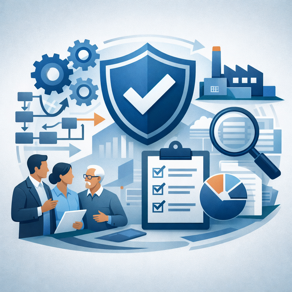 Digital illustration of a shield with checkmark, gears, factory, and audit tools representing ISO 9001 quality management consulting and structured QMS systems.