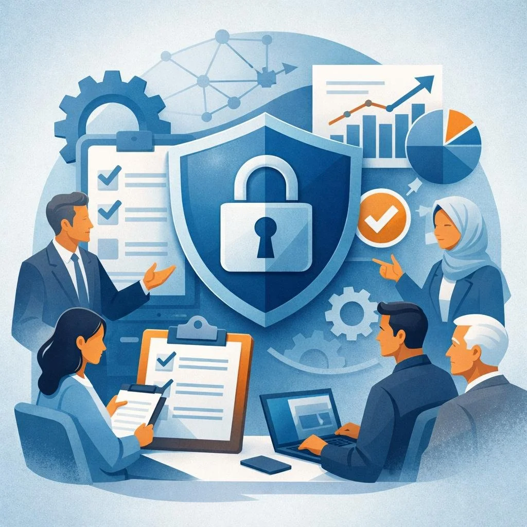 Digital illustration of a shield with a lock, checklist, and consulting team analyzing security systems representing ISO 27001 certification cost for small businesses.