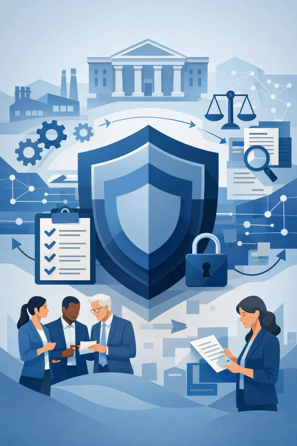 Digital illustration of a shield, compliance checklist, governance documents, and professionals representing regulatory compliance consulting services and structured regulatory oversight systems.