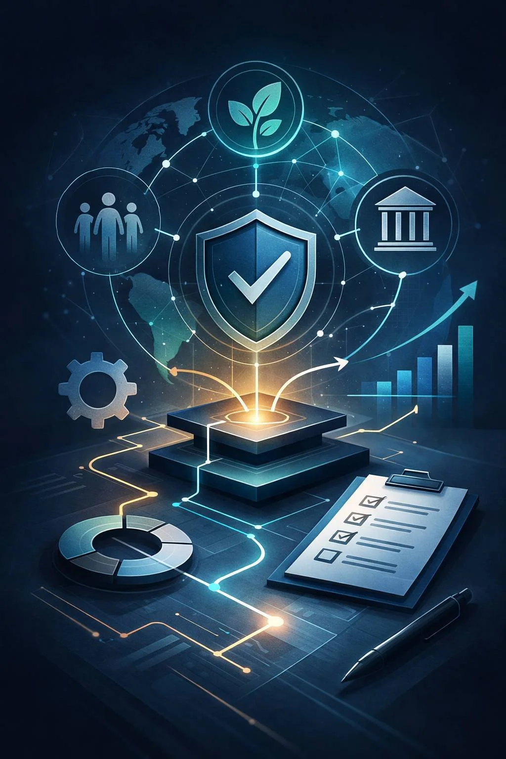 Digital illustration of a structured shield and governance network symbolizing IWA 48 ESG principles and integrated sustainability framework.