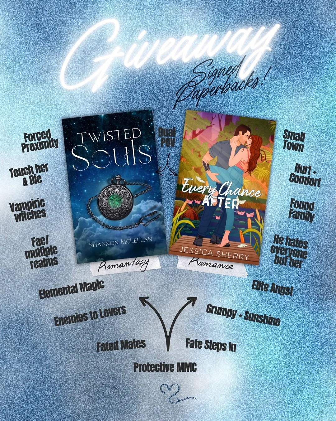 ROMANCE 💖 ROMANTASY GIVEAWAY 
To celebrate our two favorite genres & the readers we love so much, Shannon & I have teamed up for a signed paperback giveaway! 
PRIZES: 
💖 Signed paperback of TWISTED SOULS 
💖 Signed paperback of EVERY CHA