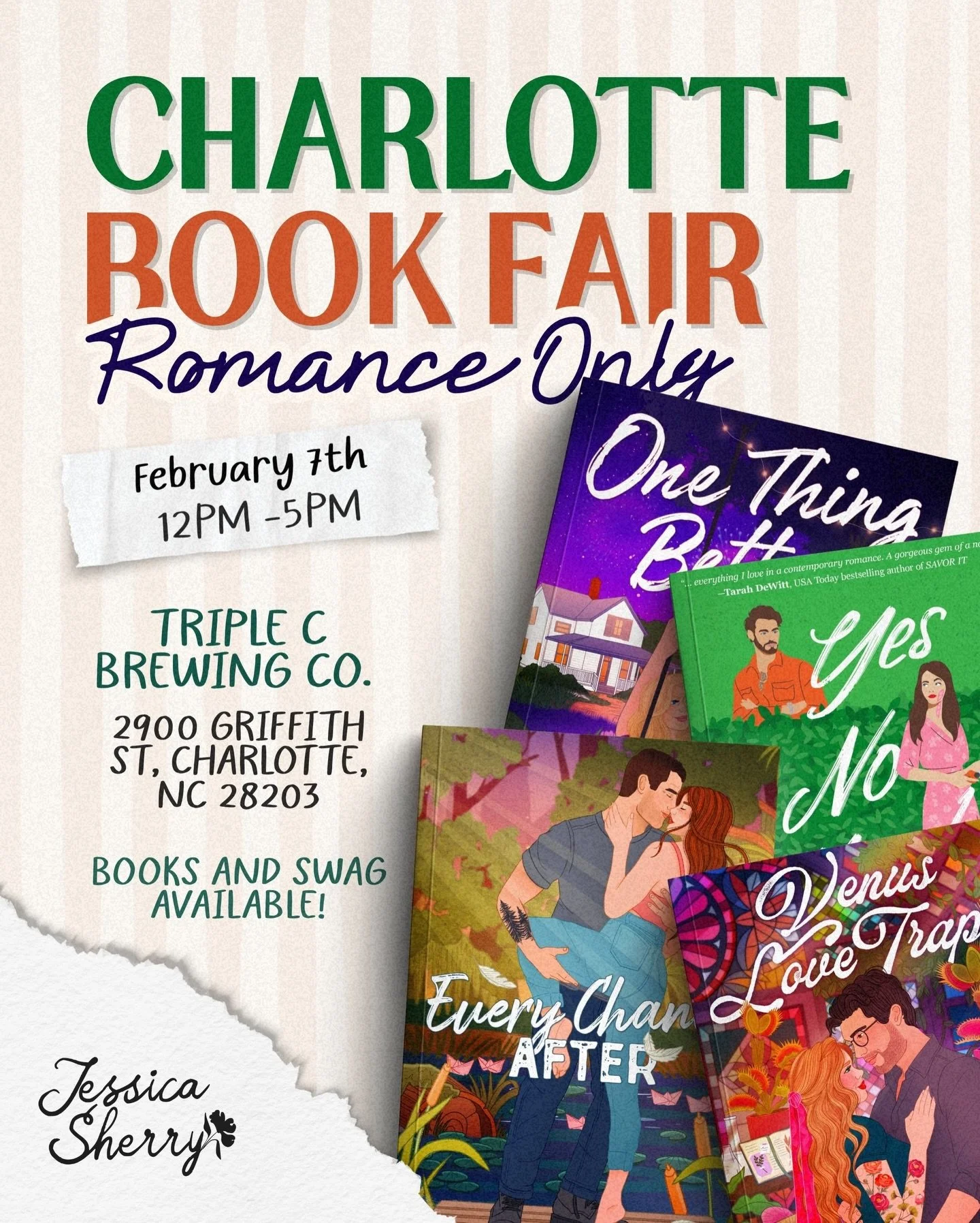 Come see me at the Romance Only Charlotte Book Fair this Saturday, February 7th! 🩷
Spend this Saturday getting to know 100+ romance authors and bookish vendors at the Triple C Brewing Co from 12pm to 5pm. I will have books for sale and swag at my ta
