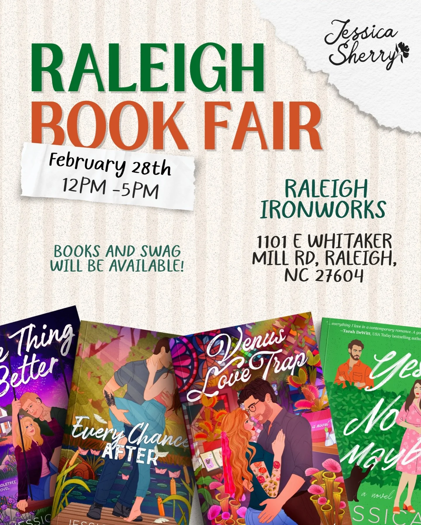 RALEIGH BOOK FAIR!✨

Come see me at the Raleigh Book Fair this Saturday, February 28th!💚

Check out more than 70+ bookish businesses, authors, and bookstores at Raleigh Ironworks (@raleighironworks) organized by @frontpaigemedia from 12pm until 5pm.