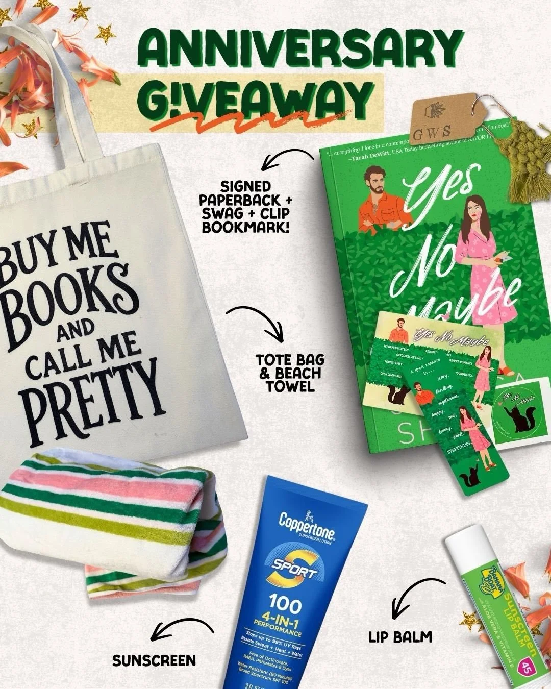 ☀️ A Day at the Beach G!vaway! 📖

💚 Thursday is Yes No Maybe&rsquo;s 2-year anniversary, and I want to celebrate it with you, just like Rowan would&ndash;by grabbing her go bag and spending the day at the beach with a great book!&nbsp;

It&rsquo;s 