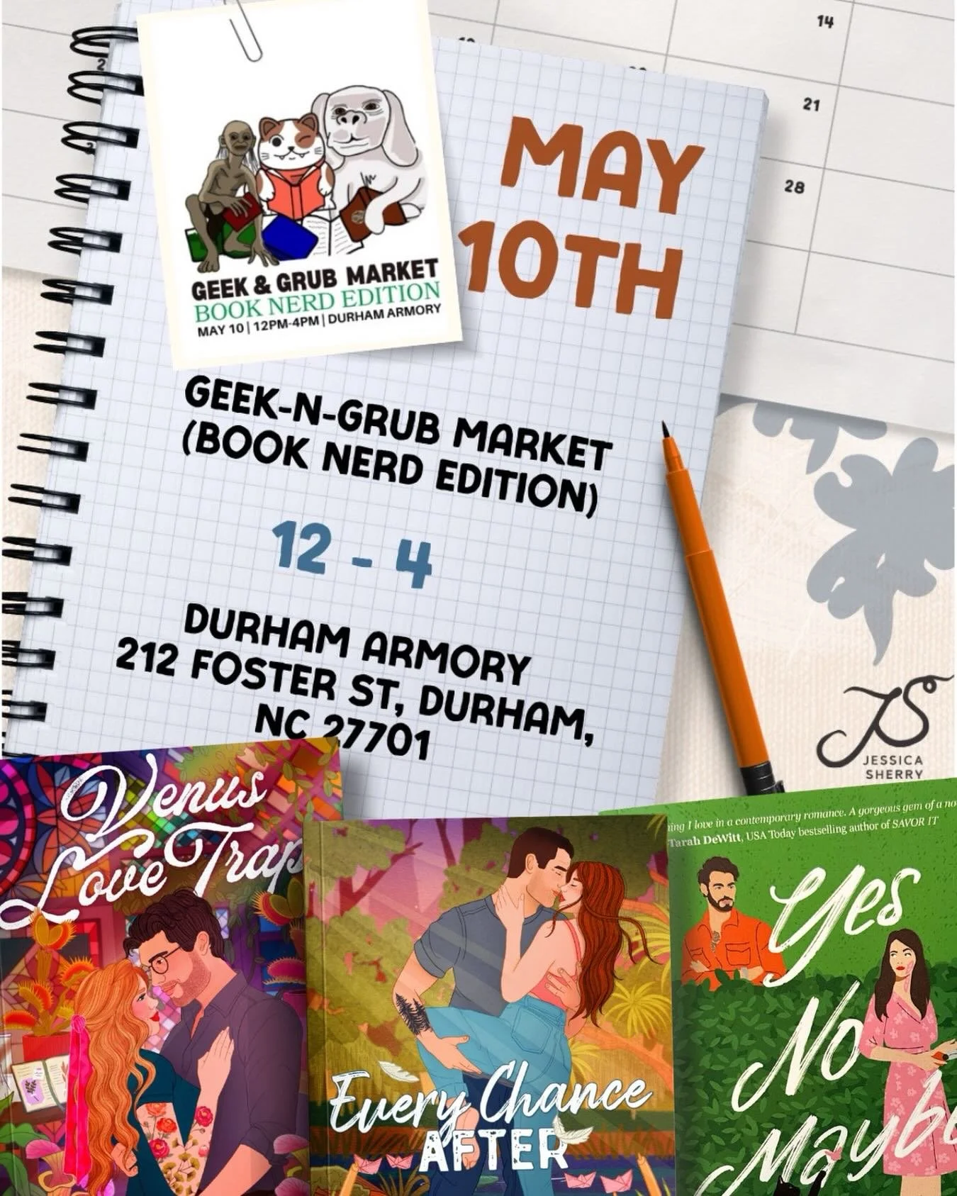 📚 Calling all Durham, NC Book Nerds! 

Join me this Sunday at the Durham Armory for the Geek-n-Grub Market (book nerd edition) for books, food, and fun! 

@geekandgrubmarket will be hosting games and prizes for all ages and a 50 Shades of &lsquo;Gra