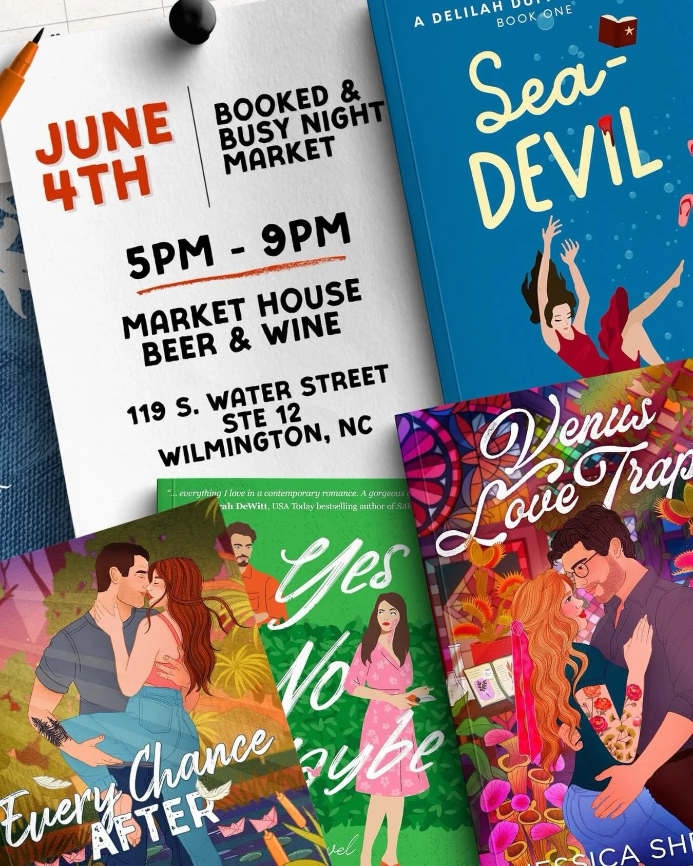 Hey Wilmington book lovers! 📚

Join me, @badbsbooks_ilm and other amazing local authors, and bookish vendors at the Booked &amp; Busy Night Market @markethouseilm this Thursday! 

What&rsquo;s better than a night of 📚🍻🍷in downtown Wilmington? 

I