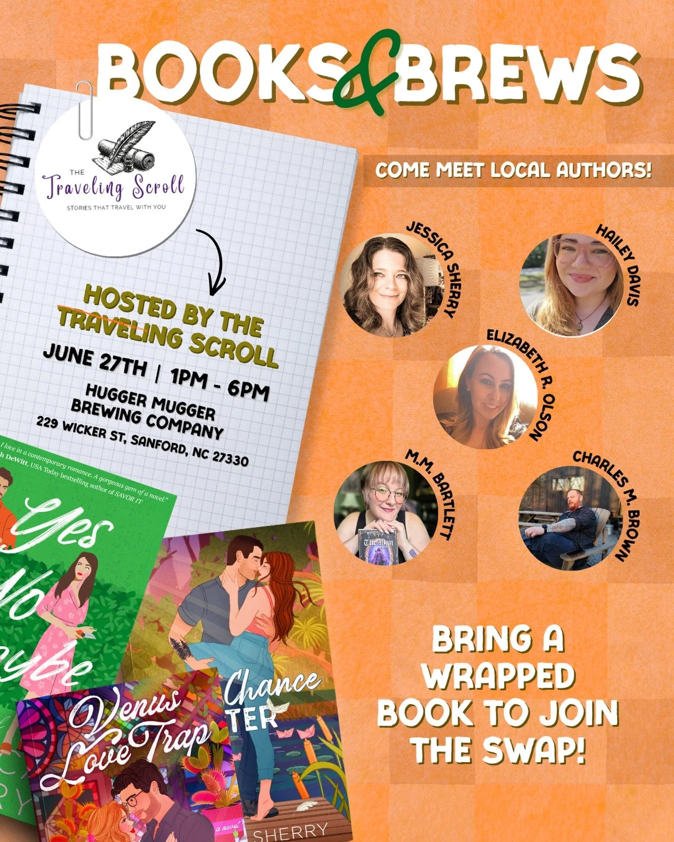 Remember this weekend&rsquo;s Books &amp; Brews on June 27th at the Hugger Mugger Brewing Company! Come hang out with me and 4 other local authors, drink good beer, and meet new friends. The new mobile bookstore, The Traveling Scroll, will be hosting