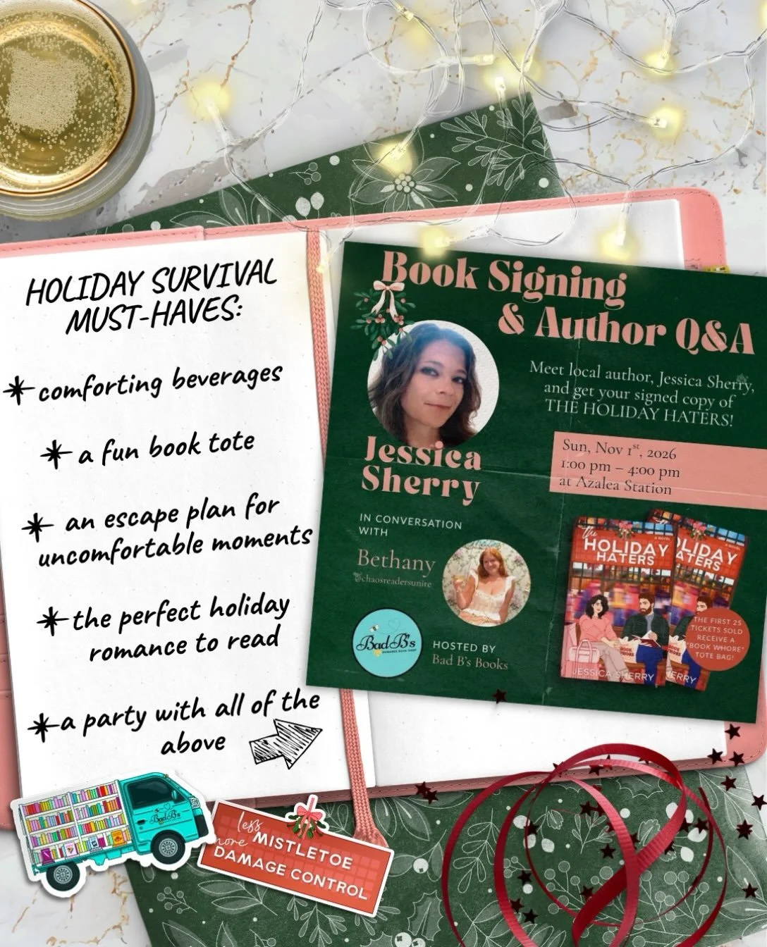 📚 Calling all Wilmington Readers (&amp; beyond)!

Join me, @badbsbooks_ilm &amp; @chaosreadersunite at Azalea Station in Wilmington, NC, for an afternoon book talk &amp; signing for my upcoming holiday romance release, The Holiday Haters. 

Talk top