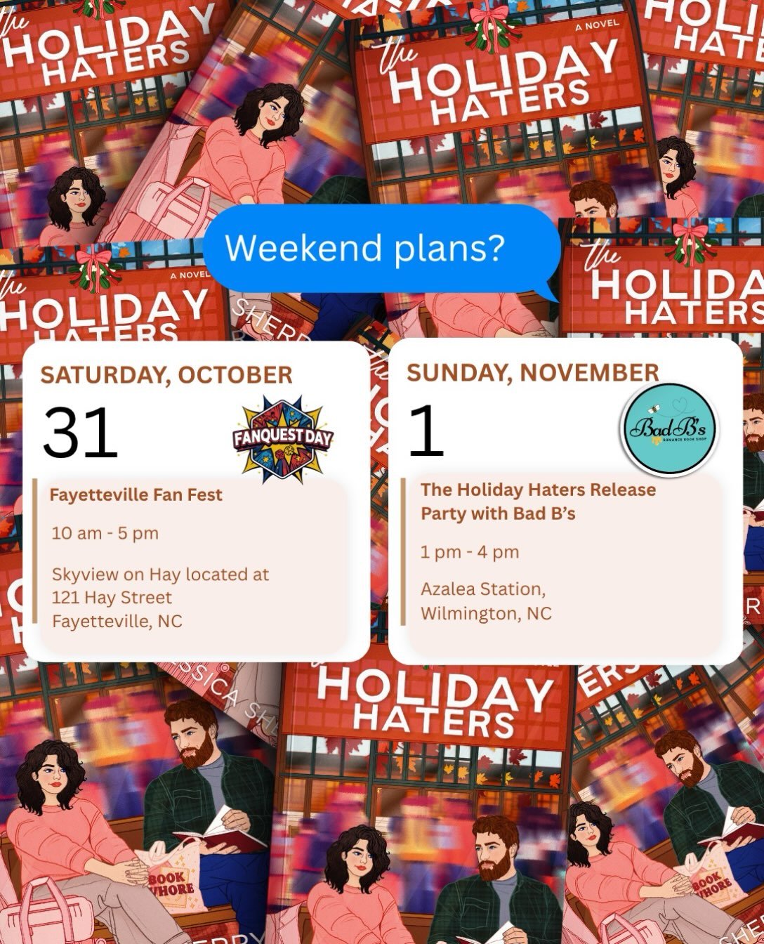 📚Meet me in Fayetteville &amp; Wilmington!

🚘 The Holiday Haters book tour begins! 

🎃 Spend Halloween with me at FAYETTEVILLE FAN FEST! It&rsquo;s my first Fayetteville event, and I&rsquo;m so excited to meet Fayetteville&rsquo;s romance readers.