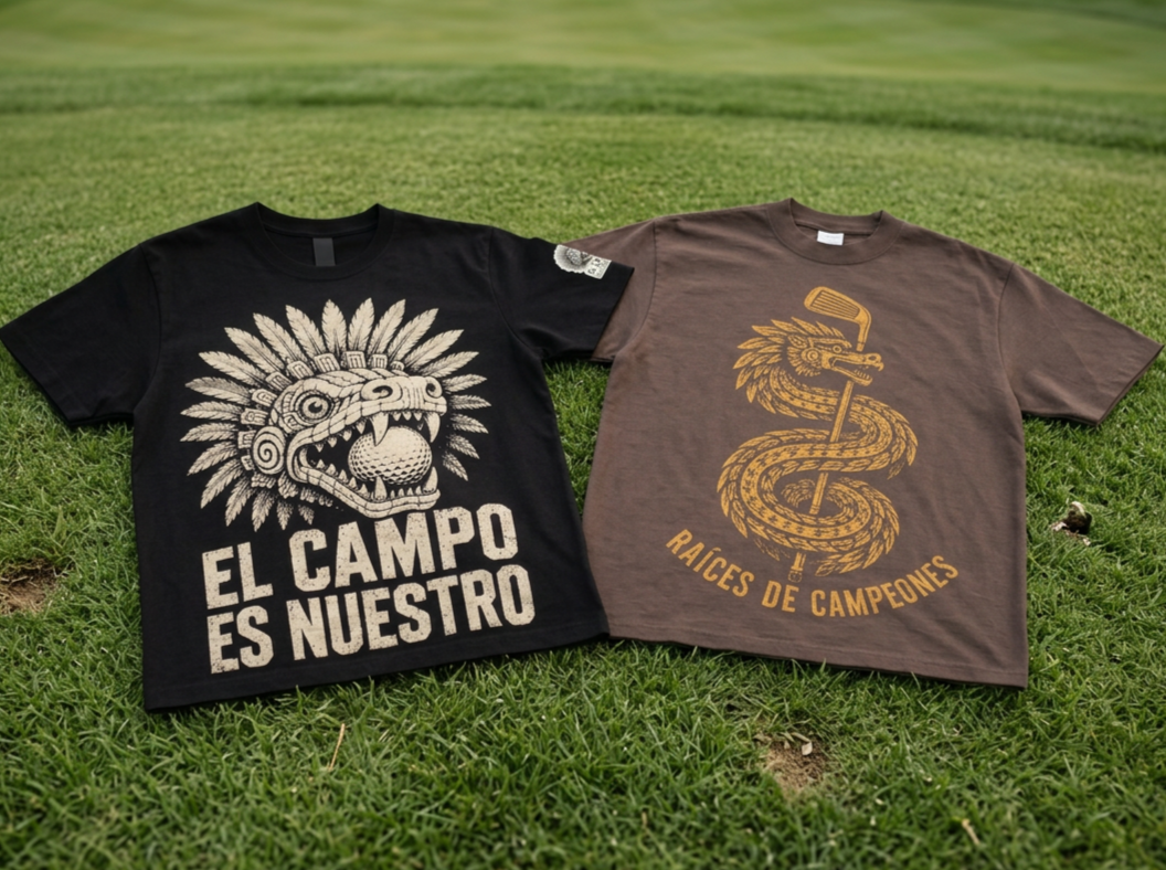 Two golf-themed t-shirts lying on green grass. The black shirt on the left features a large snake head with tribal adornments and the text "EL CAMPO ES NUESTRO." The brown shirt on the right features a snake wrapped around a golf club with the text "RAICES DE CAMPEONES."