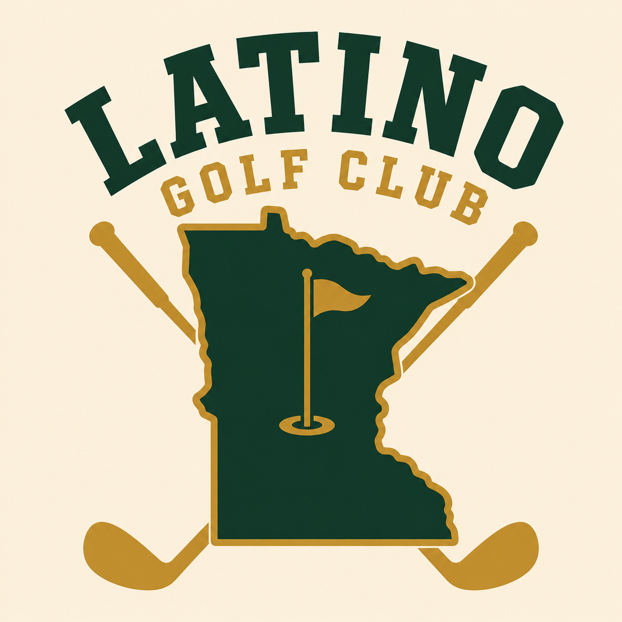 Logo of Latino Golf Club featuring a green outline of Minnesota with a golf flag, two golf clubs crossing behind, and the text "Latino Golf Club" above.