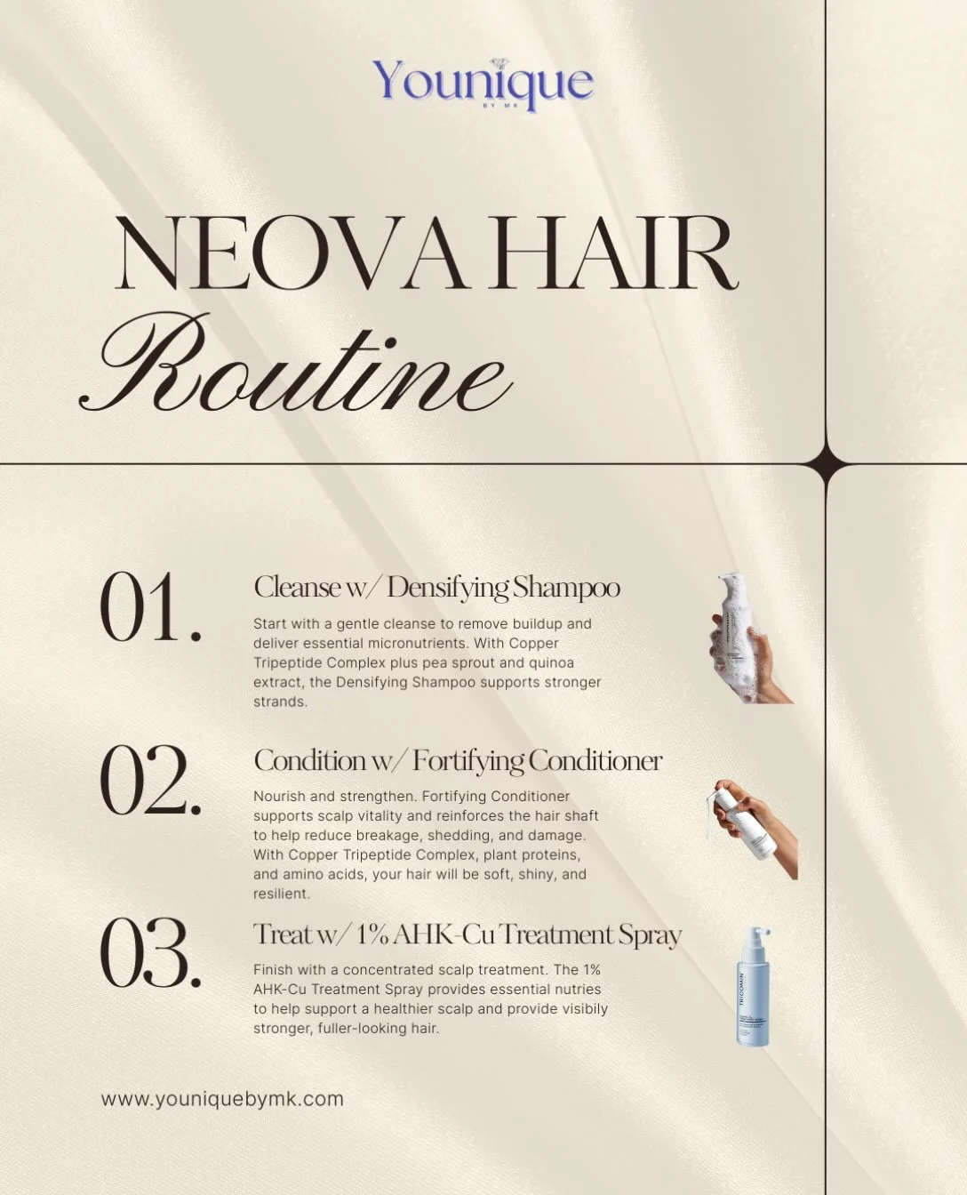 We&rsquo;re proud to partner with NEOVA, featuring the TRICOMIN Clinical Hair System&mdash; a targeted hair and scalp system designed to support stronger, healthier-looking hair from the root. 
🫧Densifying Shampoo
💧Fortifying Conditioner
✨1% AHK-Cu