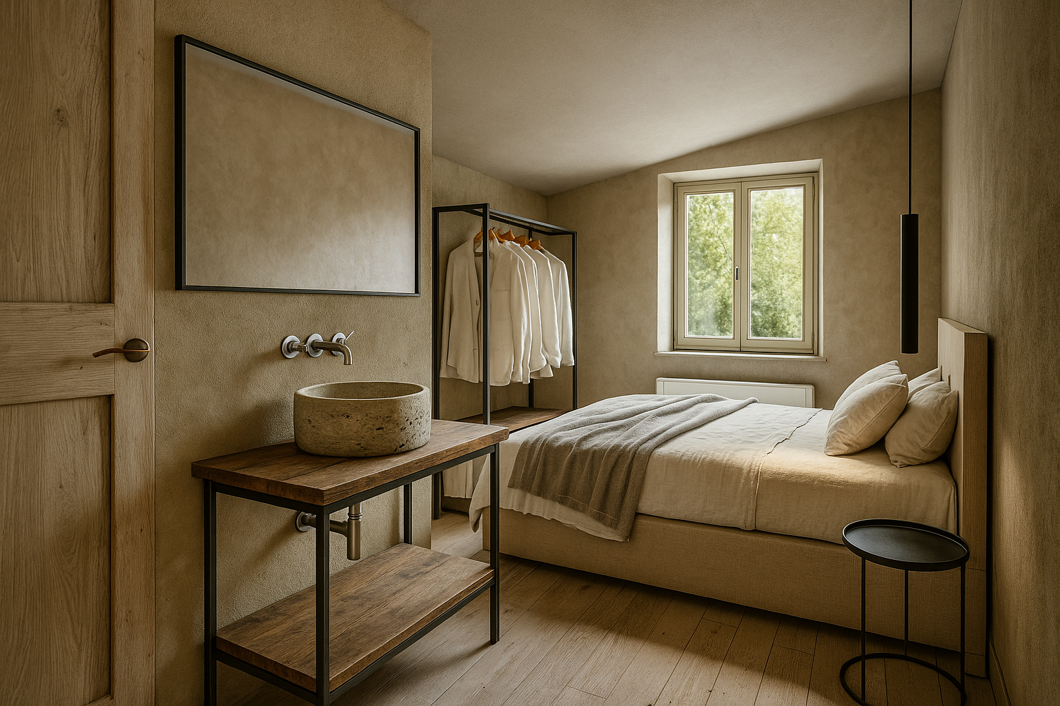 A minimalist bedroom with a bed, window, clothing rack, stone sink, mirror, and small bedside table in neutral tones.