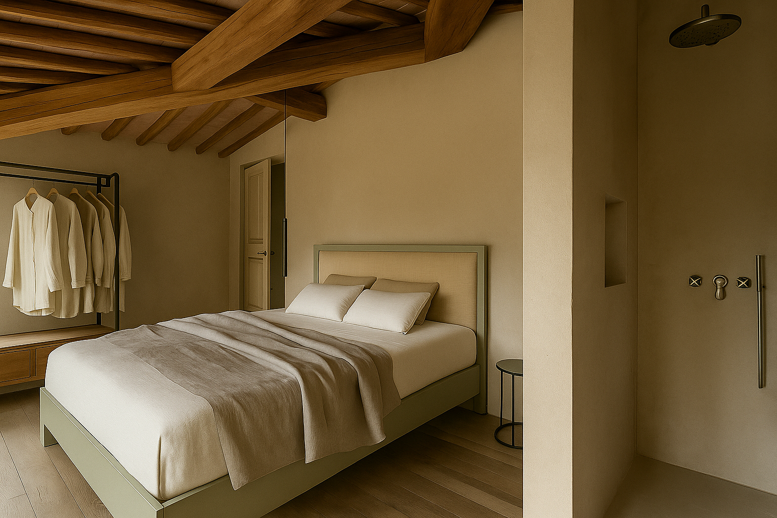 A minimalist bedroom with a bed, pastel-colored headboard, beige bedding, and white pillows. There is a small black round side table next to the bed. A wooden ceiling with exposed beams and a clothing rack with beige shirts is visible.