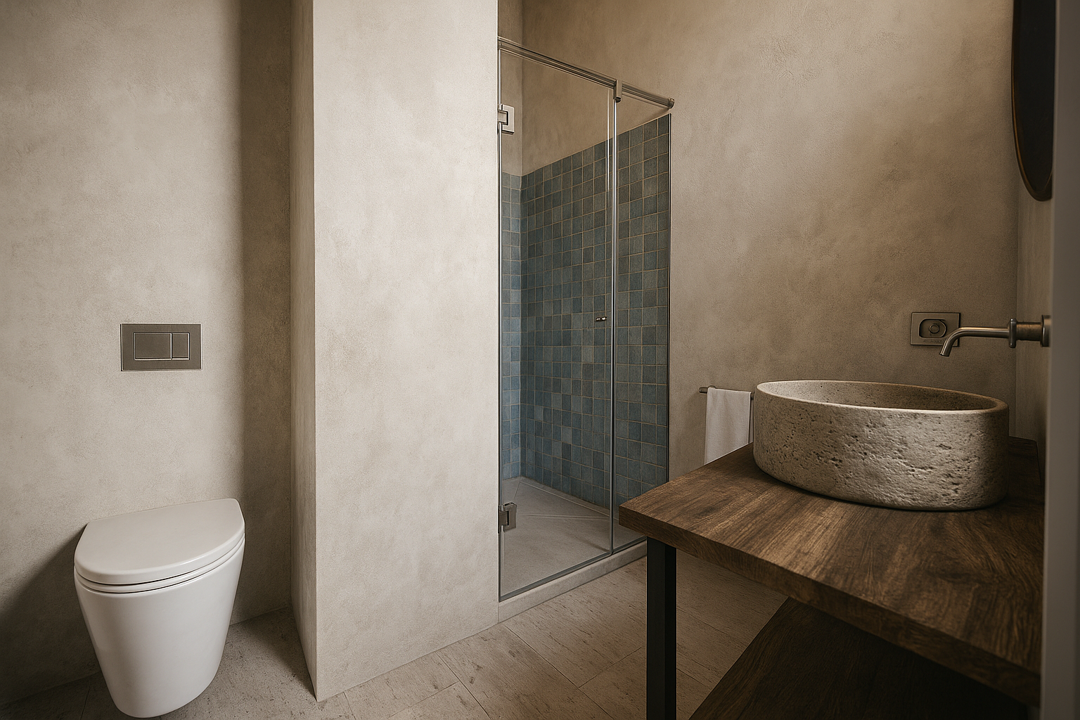 Modern bathroom with a white toilet, a glass shower enclosure with blue tiles, and a stone sink on a wooden countertop.