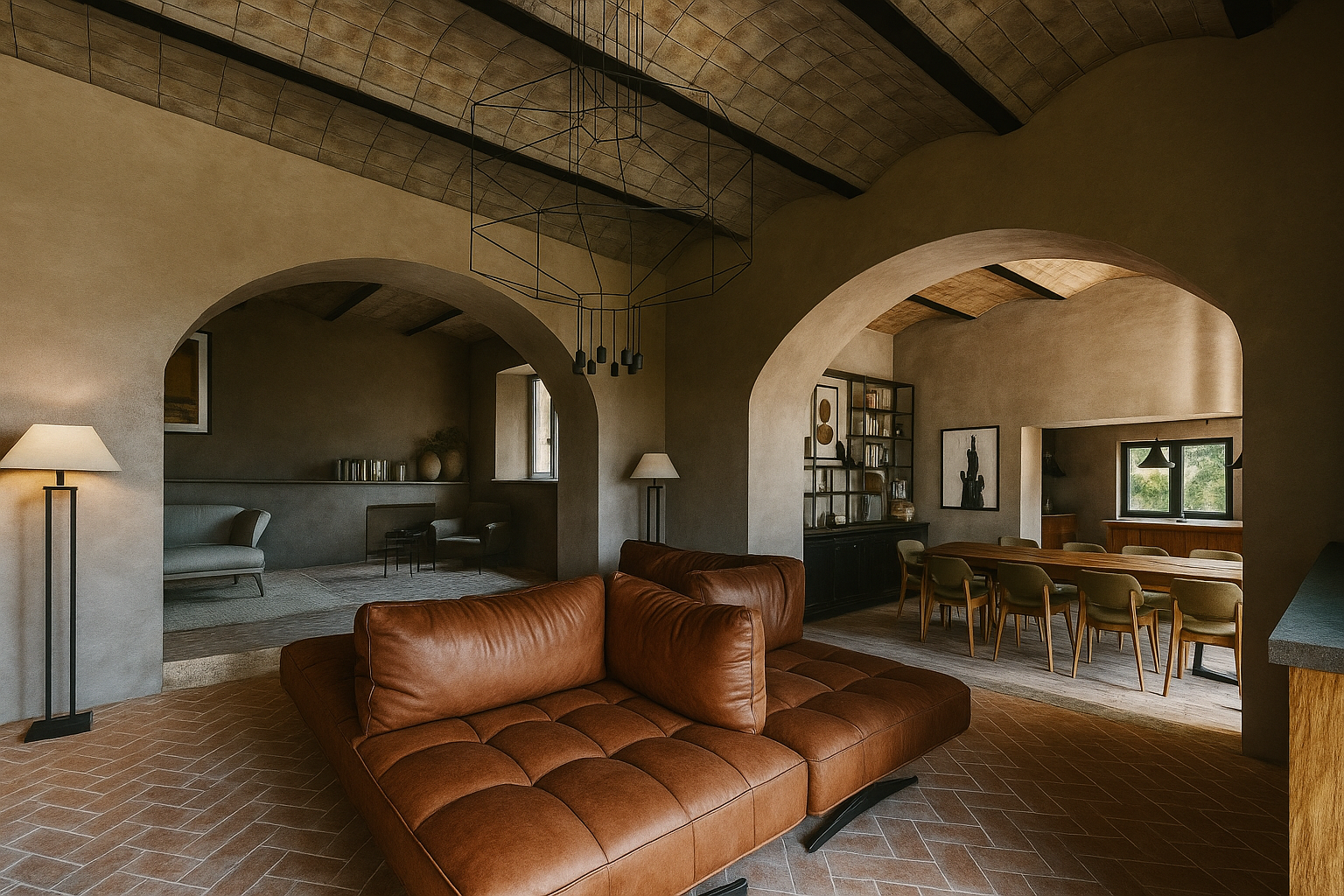 Living room with brown leather sectional sofa, arched doorways, dining table with chairs, bookshelves, and various decorative items, illuminated by natural light and floor lamps.