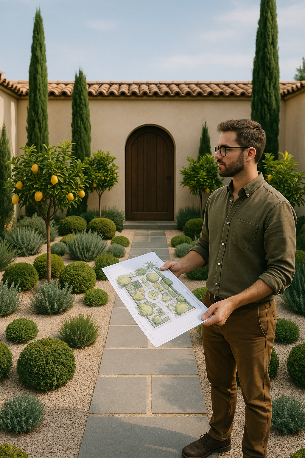 A man in a garden holding a landscape design plan, surrounded by lemon trees and neatly trimmed bushes, in front of a Mediterranean-style building.