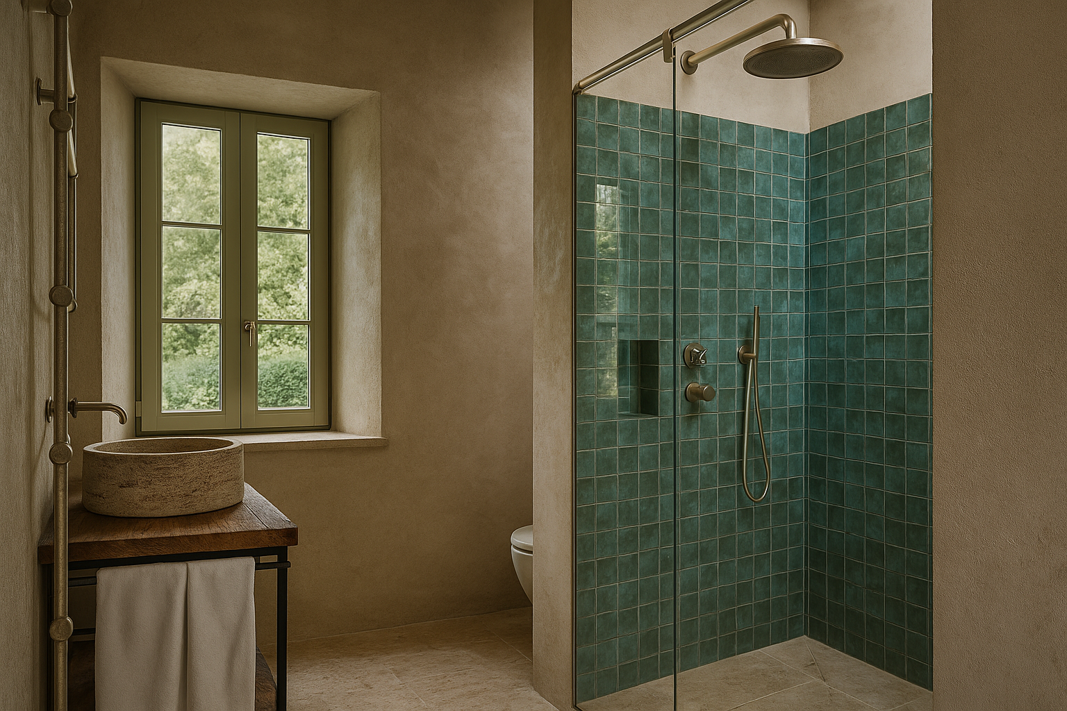 Modern bathroom with a walk-in shower featuring green tiles, a stone sink on a wooden countertop, a large window with a view of greenery, and a toilet in the background.