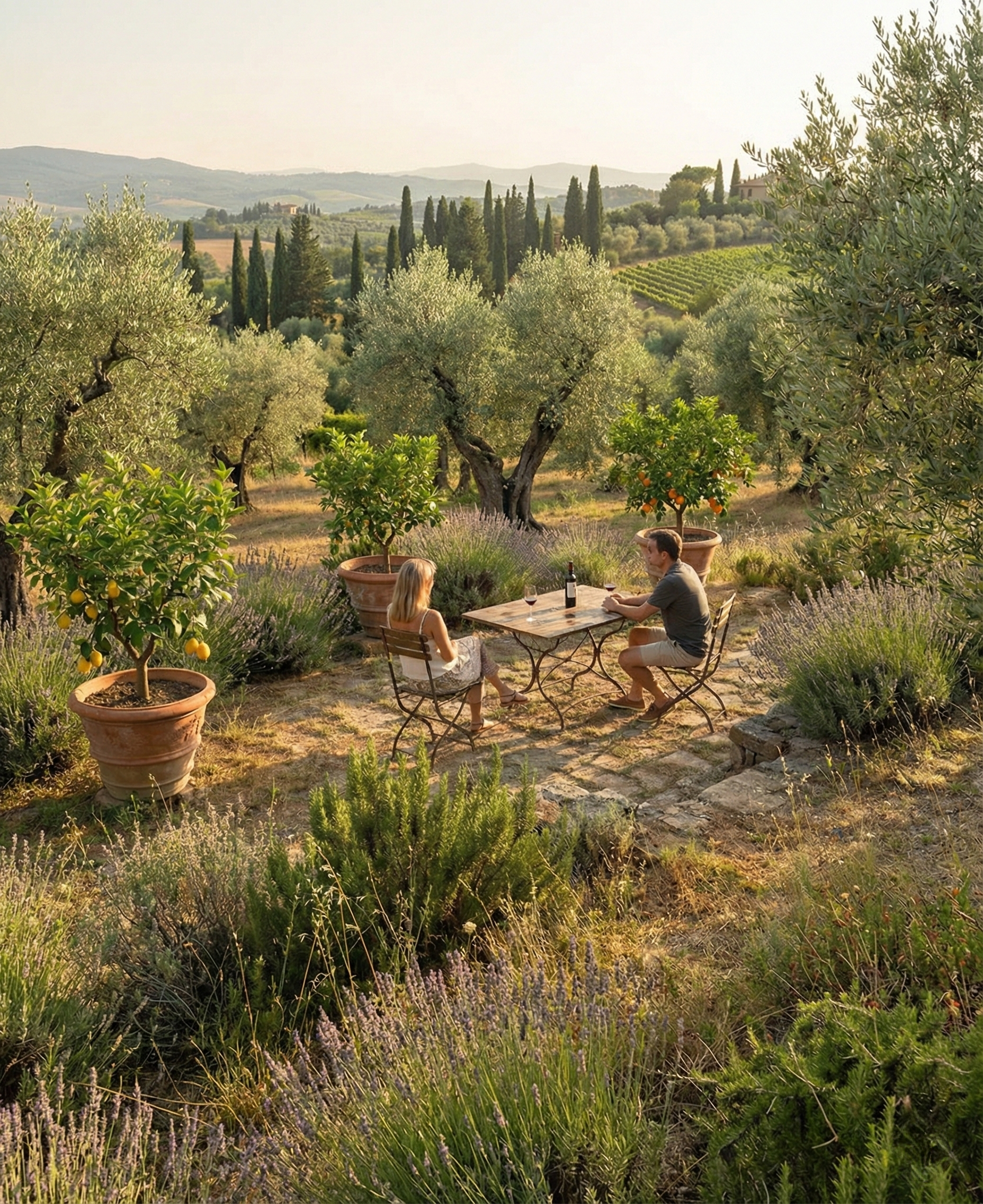 A man and woman sitting at a small wooden table with two chairs, having wine in a scenic garden with potted lemon trees, olive trees, lavender plants, and distant rolling hills.