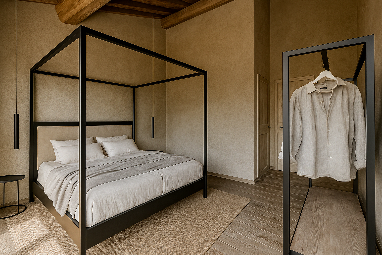 Bedroom with a black metal canopy bed, white bedding, pillows, a small black side table, hanging pendant lights, a wooden bench, and a freestanding clothing rack with a beige shirt.