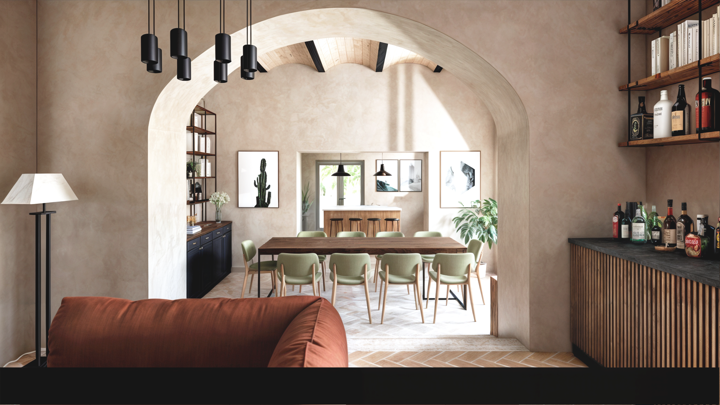 A dining area with a rectangular wooden table surrounded by ten light-green chairs in a bright, airy room. There is a black sideboard with books and a vase with white flowers against the back wall, which features framed artwork including a cactus and