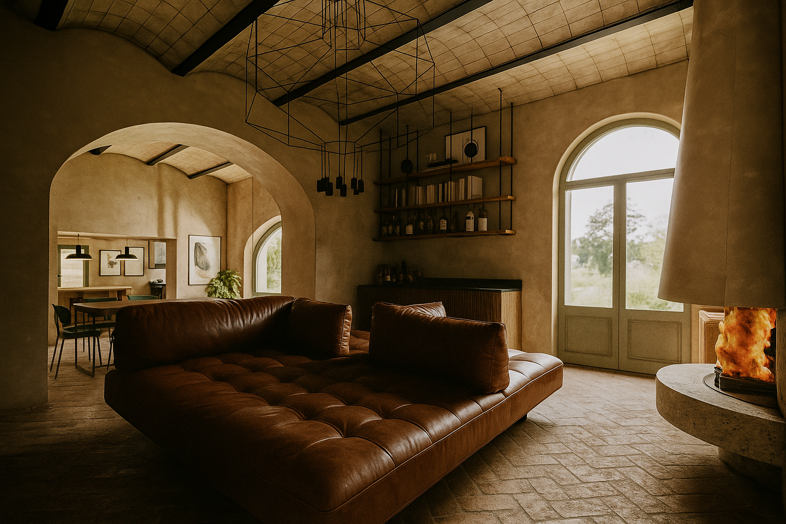 Living room with large leather sectional, arched window, stone fireplace, and modern lighting fixtures.