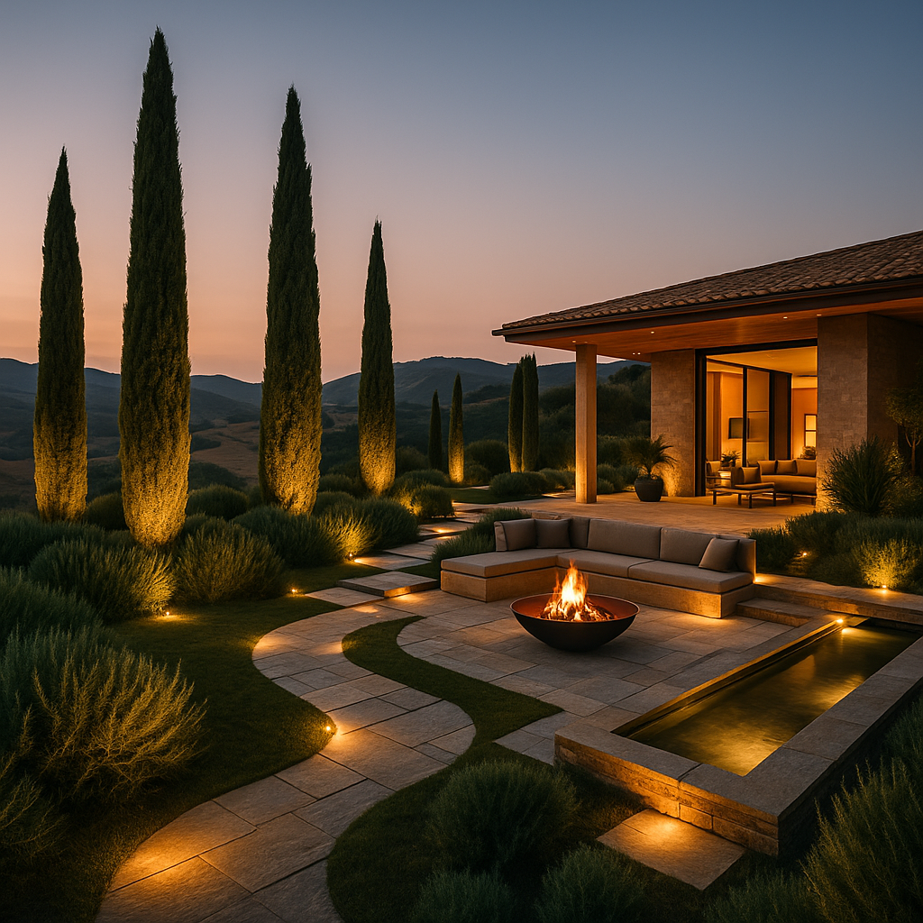 Modern outdoor patio with fire pit, ambient lighting, and tall cypress trees at sunset