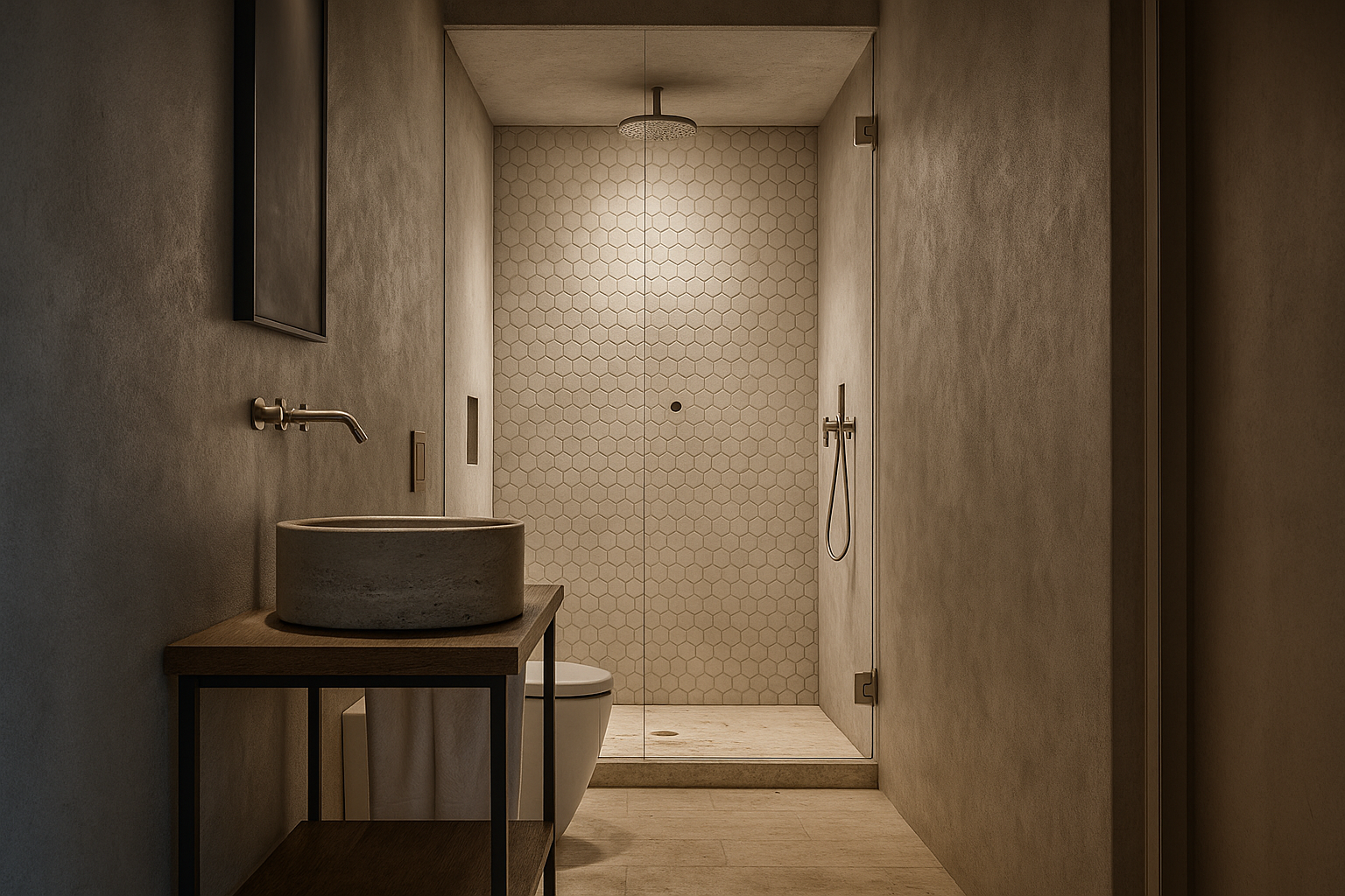 Minimalist bathroom with stone vessel sink on wooden vanity, wall-mounted faucet, toilet, and a walk-in shower with hexagonal tiles and a rainfall showerhead.