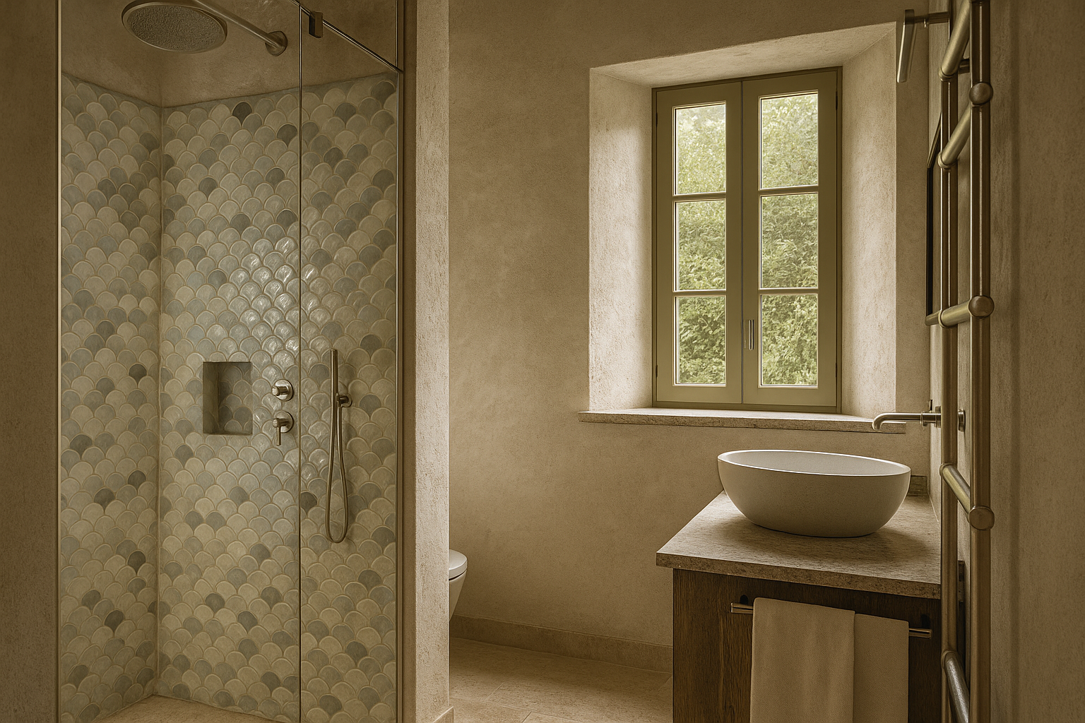 A bathroom with a glass-enclosed shower with scalloped tile walls, a window, a wooden vanity with a white vessel sink, and a heated towel rail.