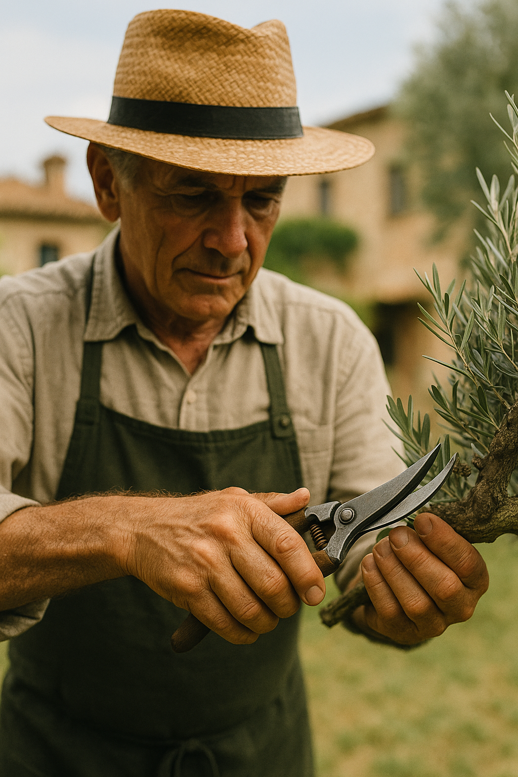 Elderly man in straw hat and apron pruning an olive tree with shears.