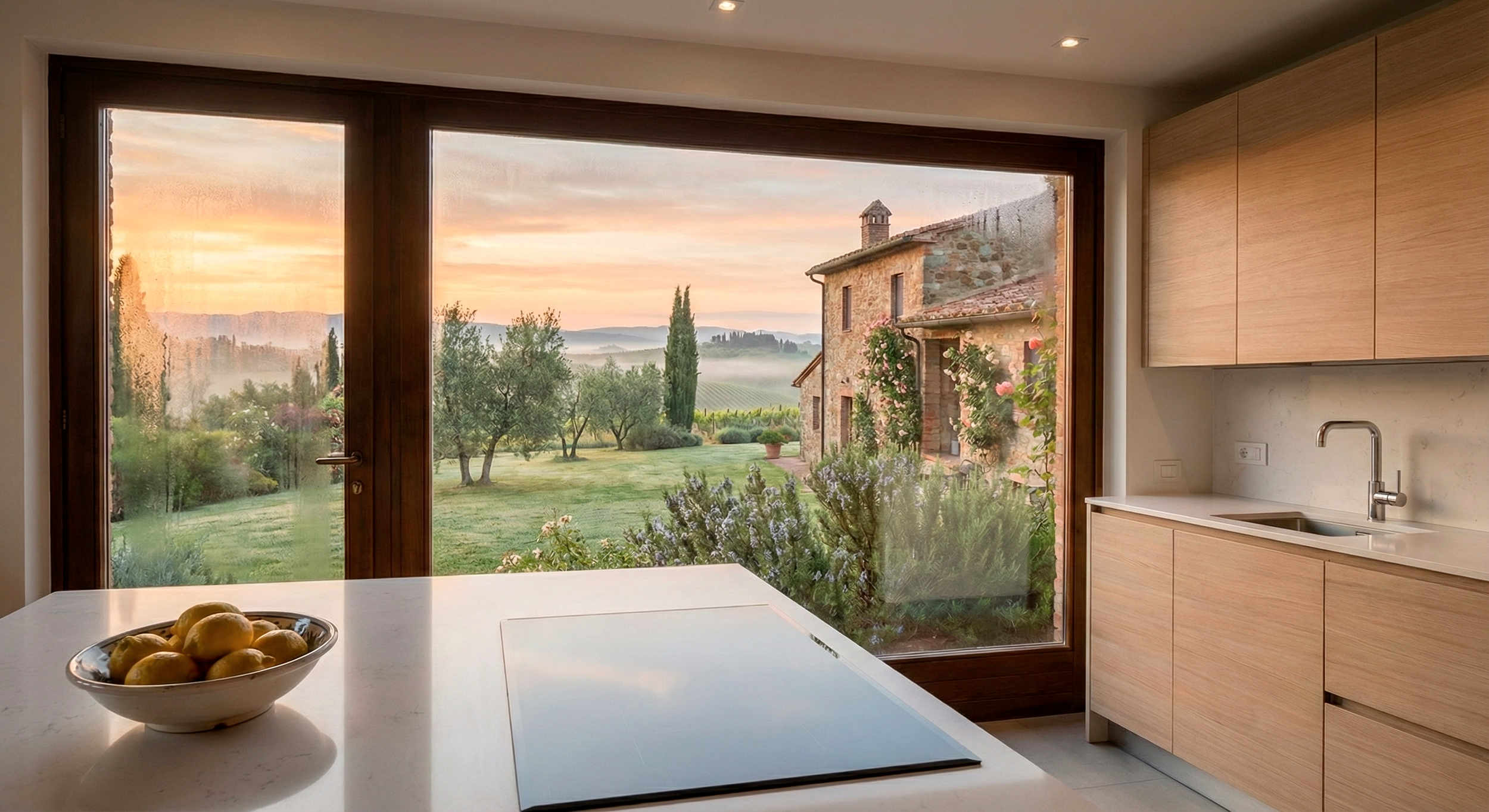 Inside view of a modern kitchen with a white countertop and a bowl of lemons, large glass doors showing a scenic countryside landscape at sunset, with trees, flowers, and an old stone house.
