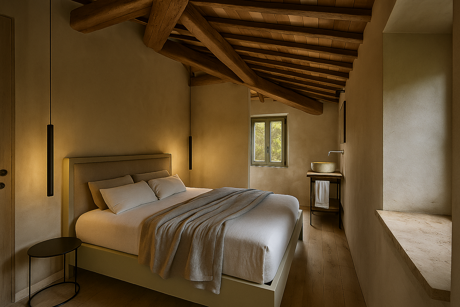 A cozy bedroom with a large bed, white bedding, and pillows. The room has a sloped wooden ceiling with exposed beams, a small window, and minimal decor. There's a small side table beside the bed and a rustic washbasin on a wooden stand near the windo