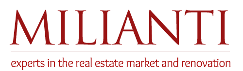 Milanti logo with the tagline 'experts in the real estate market and renovation' in red text on a black background.