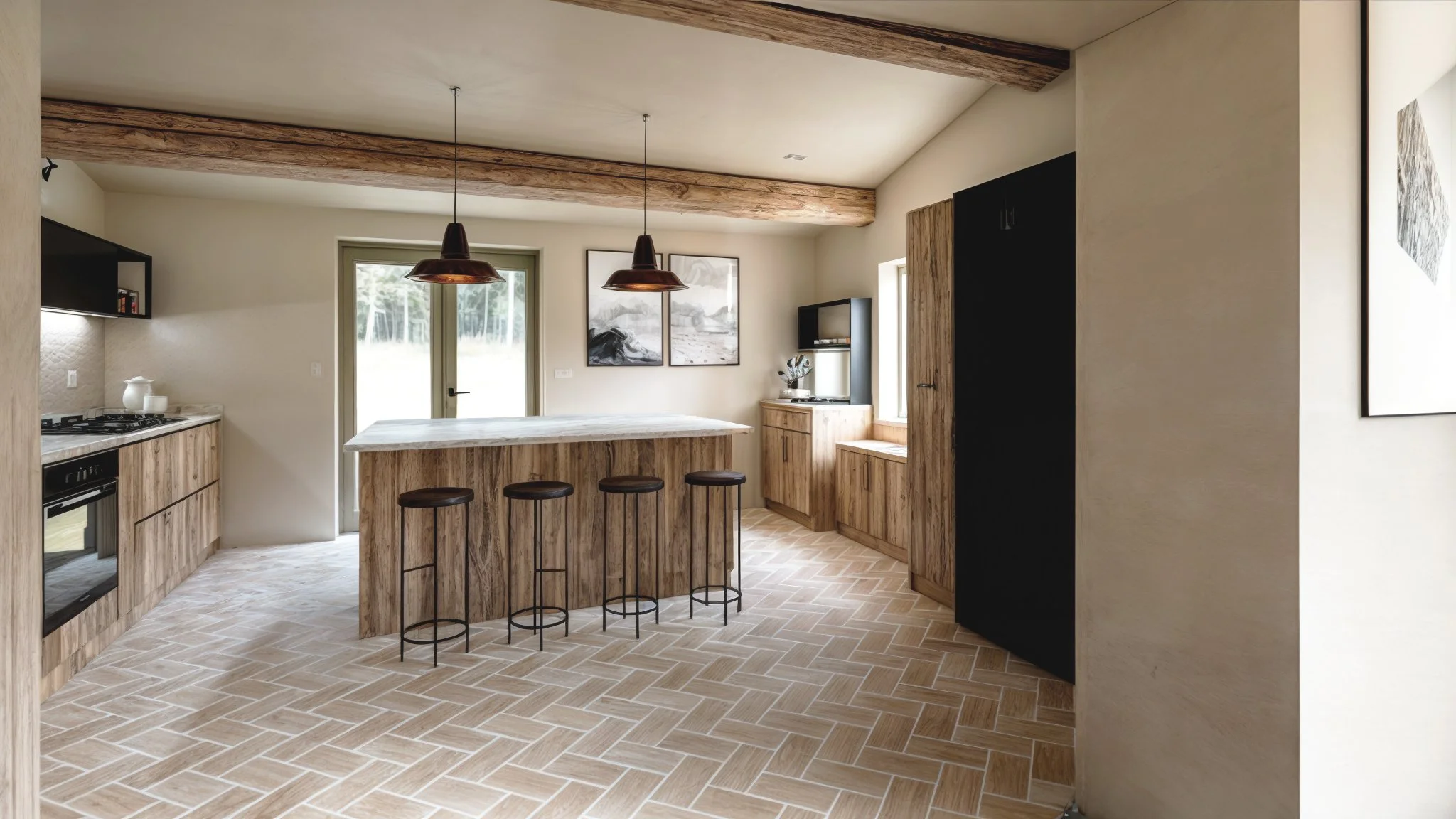 Modern kitchen with wood cabinetry, a breakfast bar with four stools, pendant lighting, and a view outside through glass doors.