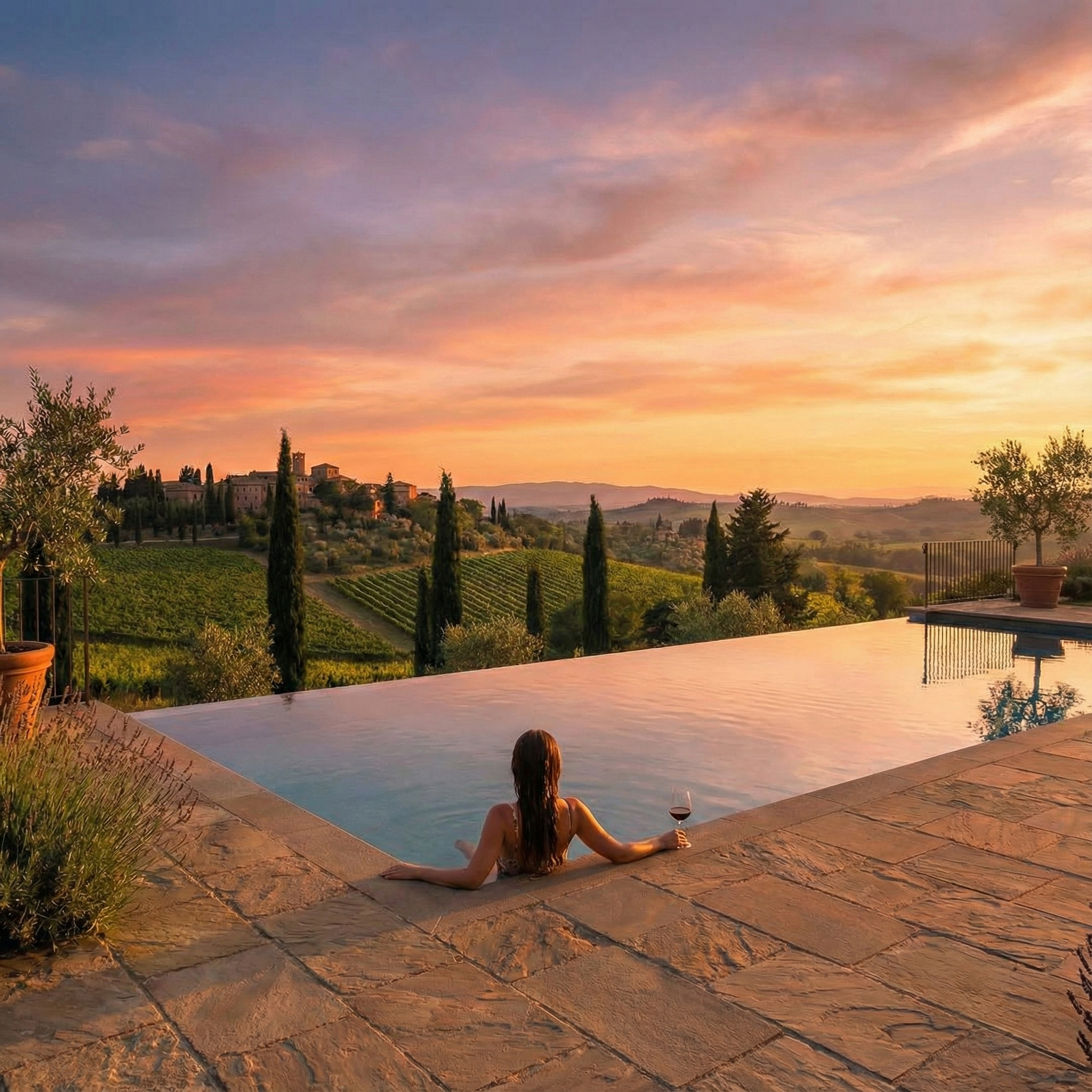 A woman relaxing in a swimming pool with a glass of red wine, overlooking a scenic landscape of rolling hills, vineyards, and a sunset sky.